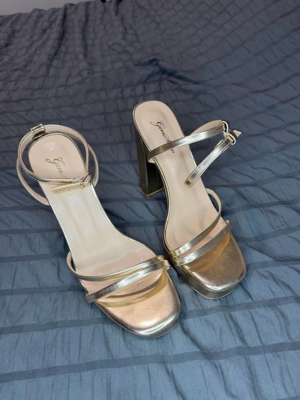 Metallic Gold Platform Block Heel Sandals with Ankle Chain